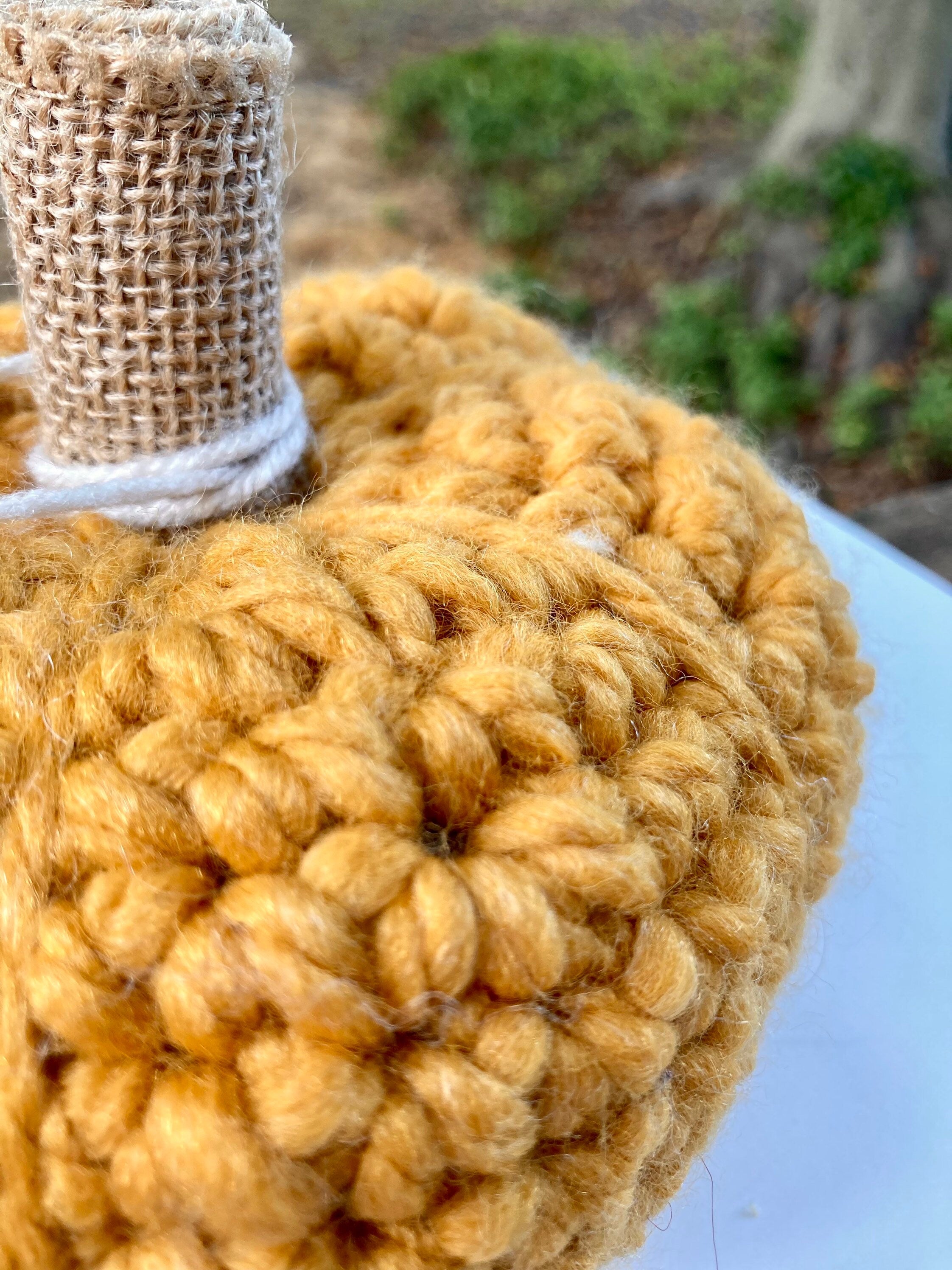 Mustard Crochet Pumpkin Decor, Burlap Stem, Boho Fall Decor
